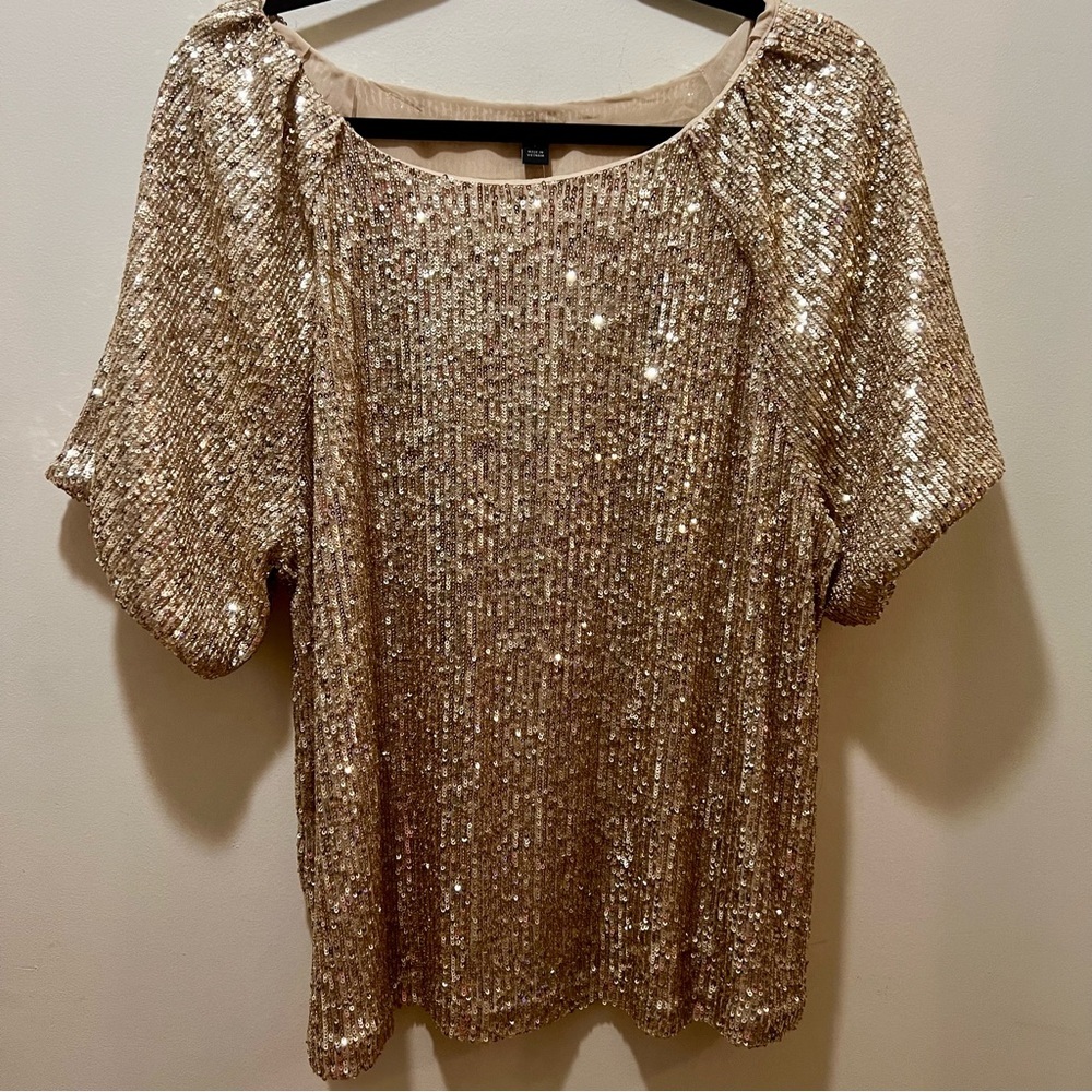 Ann Taylor gold sequin raglan sleeve top  short sleeves large NWT - Picture 4 of 8